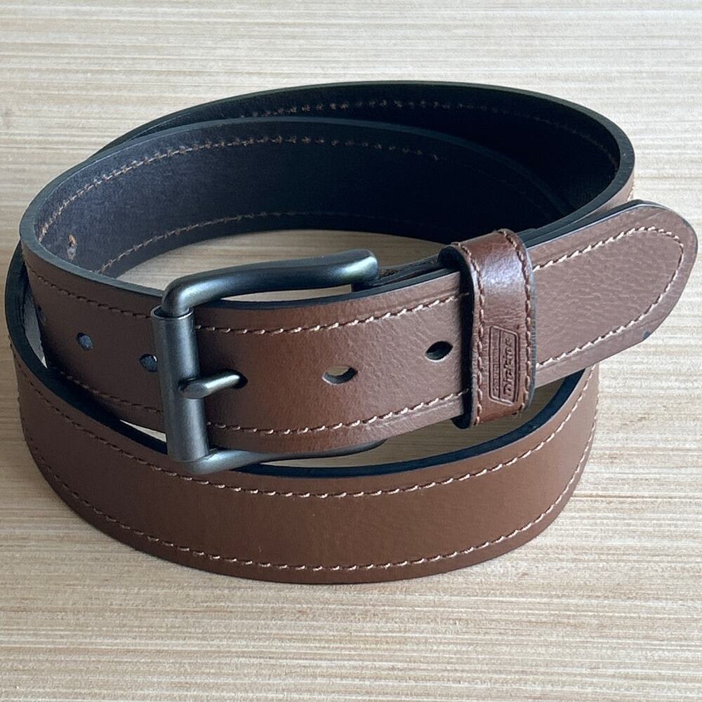Dickies Leather Belt Brown 38/95 Detail Stitching Black Buckle READ